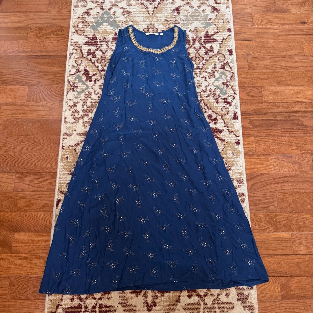 Avaasa India Women’s Blue Gold Bead Embellished‎ Maxi Tank Dress Rayon Sz Medium